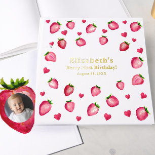 Berry First Birthday Strawberry Custom Photo Gold Guest Book