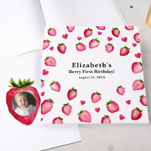 Berry First Birthday Strawberry Custom Photo Gold Guest Book