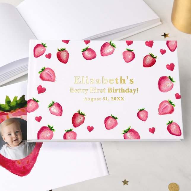 Berry First Birthday Strawberry Custom Photo Gold Guest Book (Creator Uploaded)