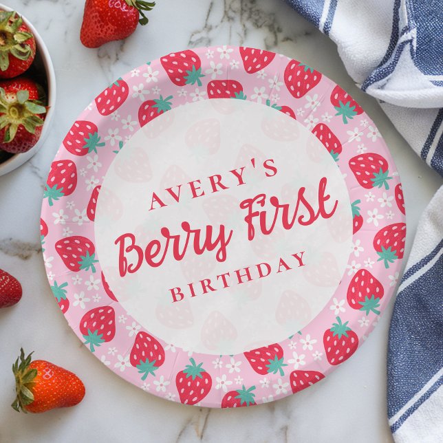 Berry First Birthday Strawberry Daisy Paper Plate (Creator Uploaded)
