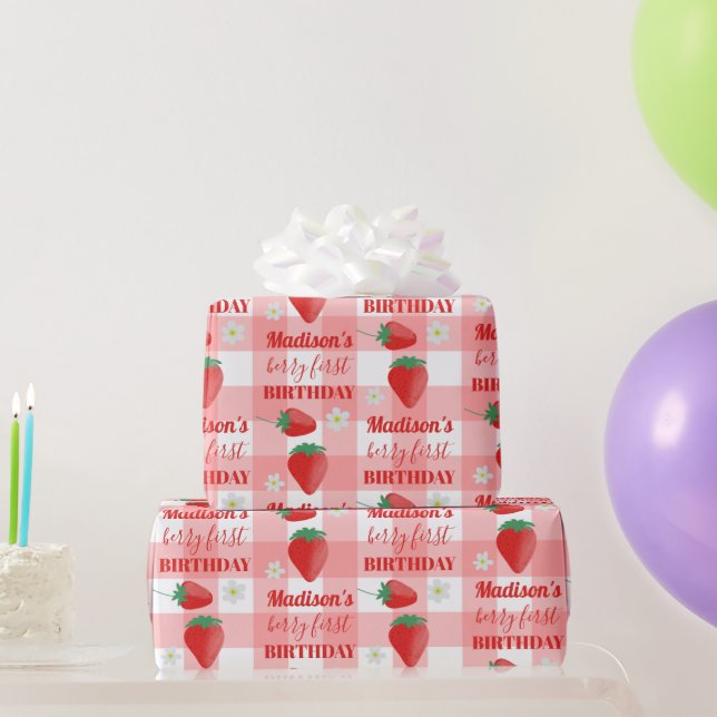 Berry First Birthday Strawberry First 1st Name Wrapping Paper (Party Gifts)