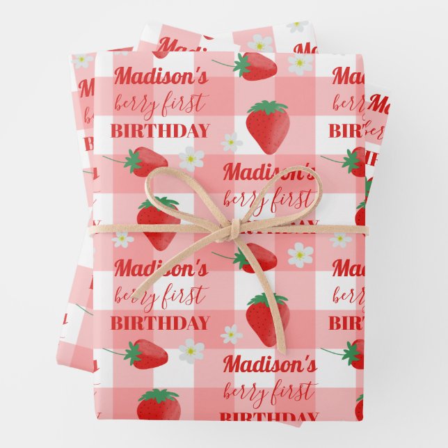 Berry First Birthday Strawberry First 1st Name Wrapping Paper Sheet (In situ)