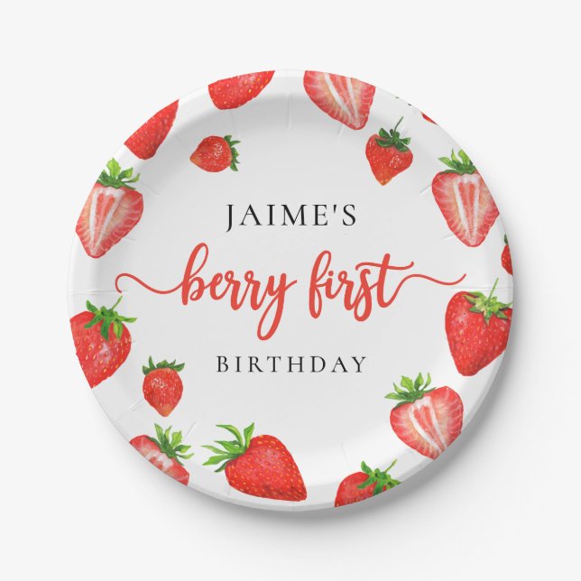 Berry First Birthday | Strawberry First Birthday Paper Plate (Front)