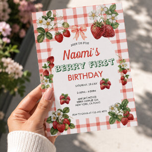 Berry first birthday strawberry gingham invitation