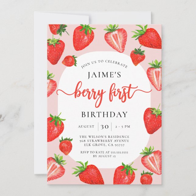 Berry First Birthday Strawberry Girl 1st Birthday Invitation (Front)