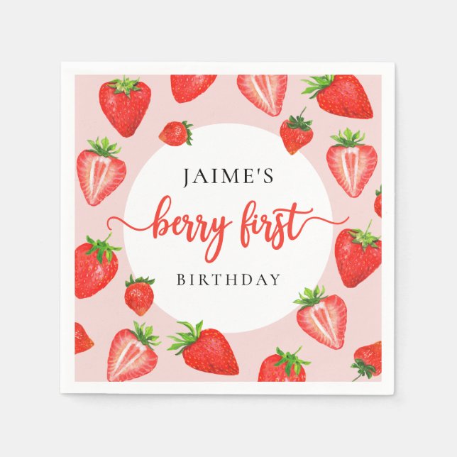 Berry First Birthday Strawberry Girl 1st Birthday Napkin (Front)