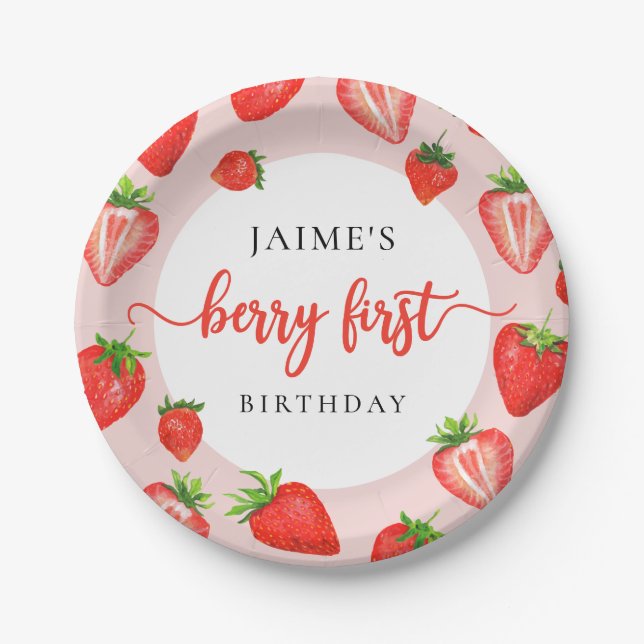 Berry First Birthday Strawberry Girl 1st Birthday Paper Plate (Front)