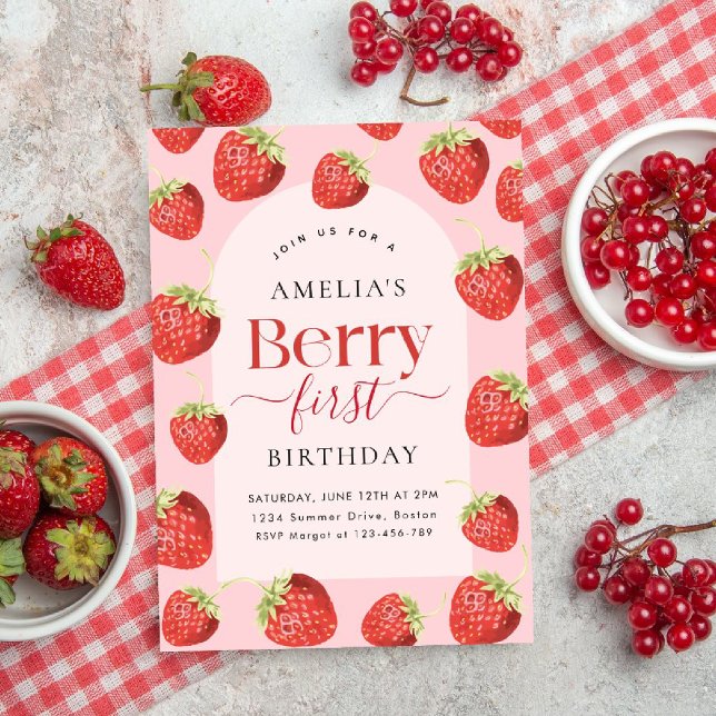 Berry First Birthday Strawberry Girl Invitation (Creator Uploaded)