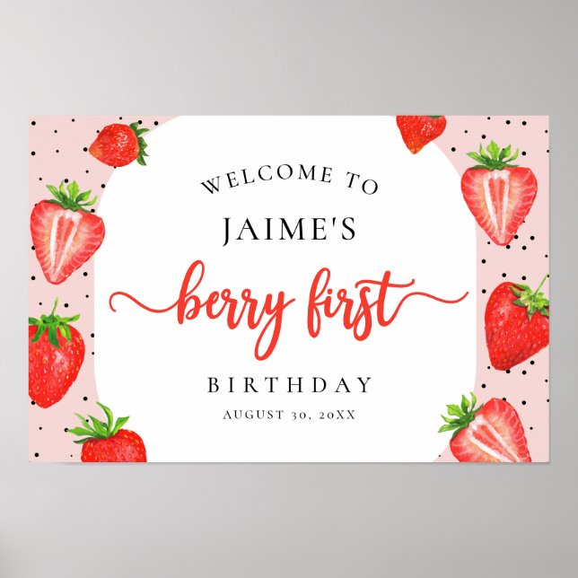 Berry First Birthday Strawberry Girl Welcome Poster (Front)
