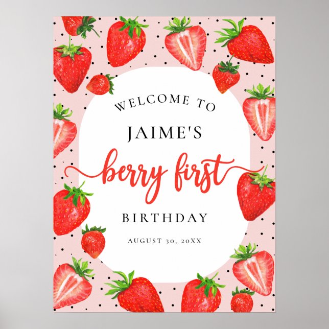 Berry First Birthday Strawberry Girl Welcome Poster (Front)
