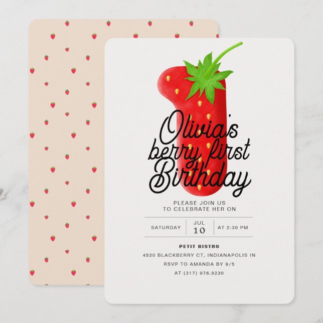 Berry First Birthday Strawberry  Invitation (Front/Back)
