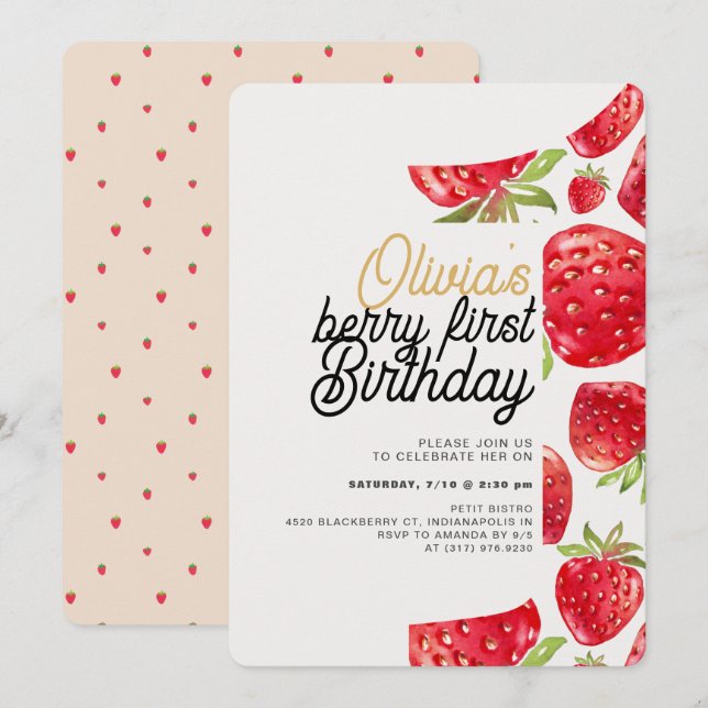 Berry First Birthday Strawberry Invitation (Front/Back)