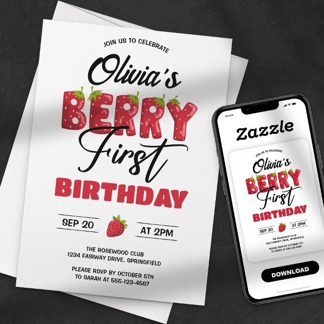 Berry First Birthday Strawberry Invitation (Creator Uploaded)