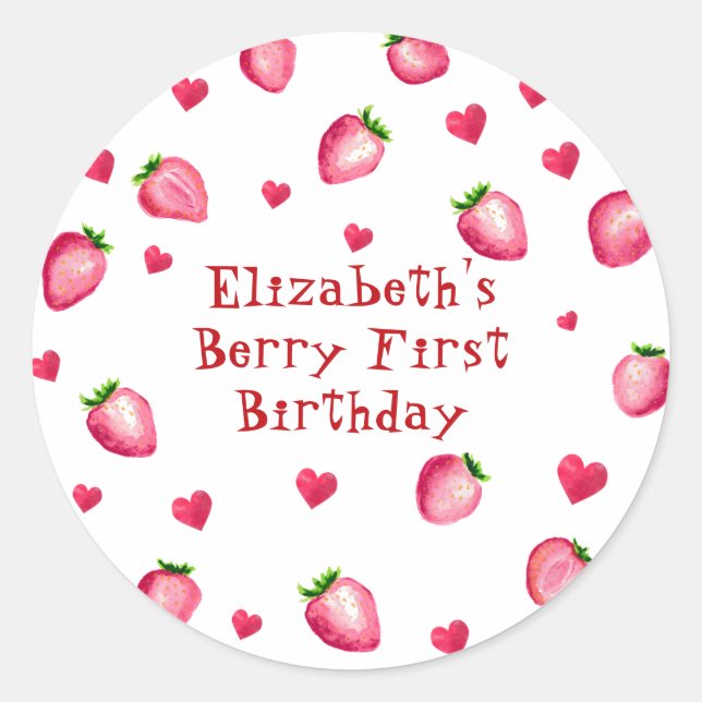 Berry First Birthday Strawberry Party Hearts Classic Round Sticker (Front)