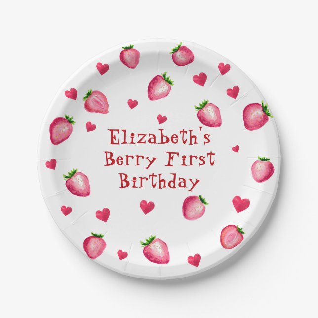 Berry First Birthday Strawberry Party Hearts Paper Plate (Front)
