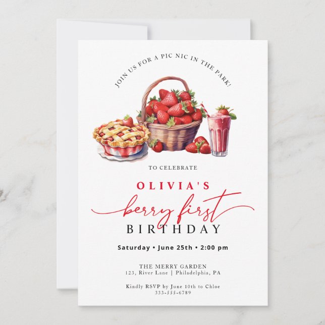 Berry First Birthday Strawberry Party Invitation (Front)
