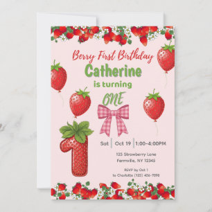 Berry First Birthday- Strawberry Pink Girl Invitation