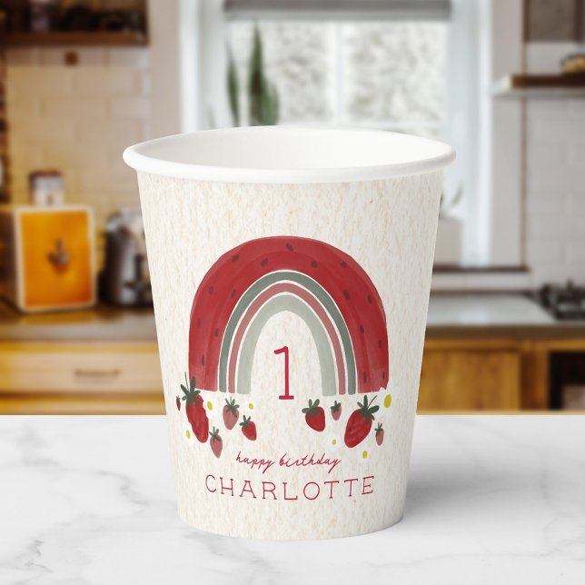 Berry First Birthday Strawberry Rainbow Floral Paper Cups (Creator Uploaded)