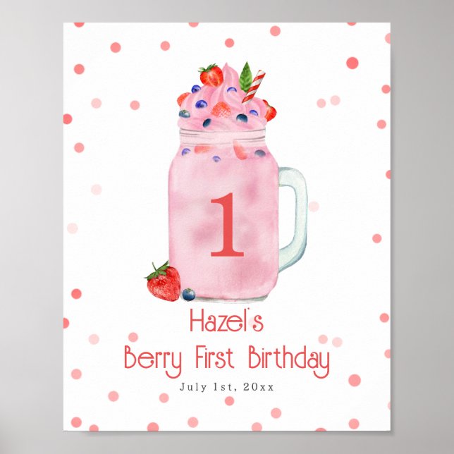 Berry First Birthday Strawberry Smoothie Poster (Front)