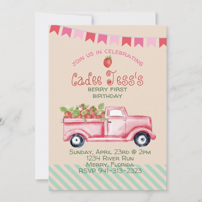 Berry First Birthday Strawberry Theme Invitation (Front)