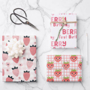 Berry First Birthday Strawberry Wrapping Paper Sheet