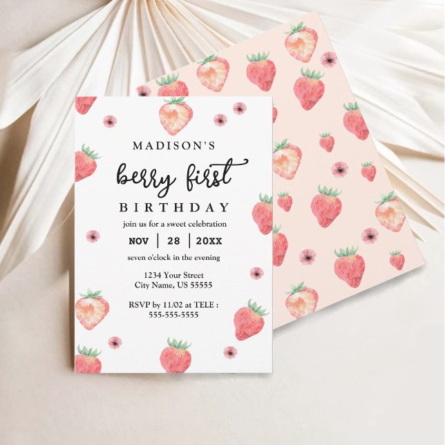 Berry First Birthday Stylish Pink Strawberry  Invitation (Creator Uploaded)