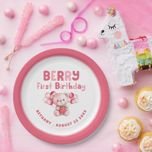 Berry First Birthday Teddy Bear Strawberry Pink bo Paper Plate (Party)