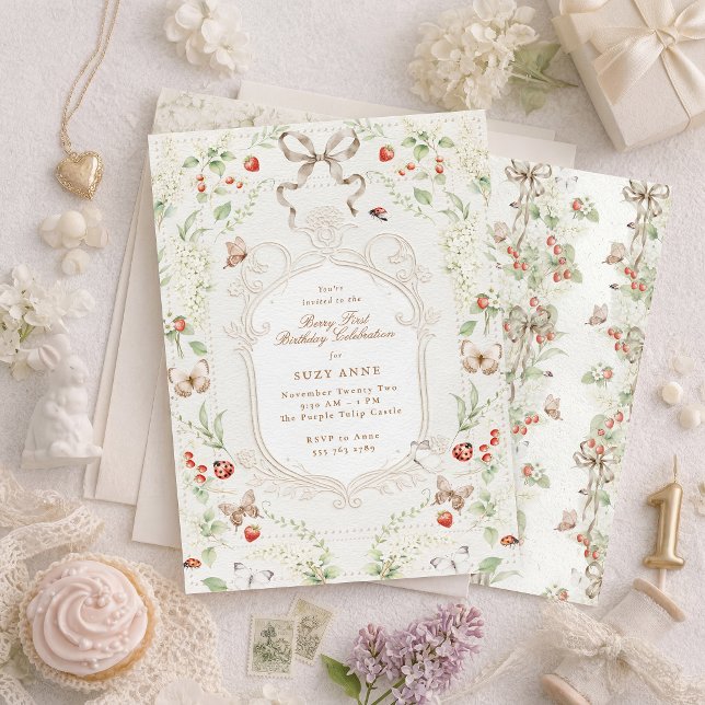 Berry First Birthday Vintage Floral Invitation (Creator Uploaded)