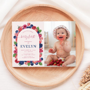 Berry First Birthday Watercolor Fruit Baby Photo Invitation