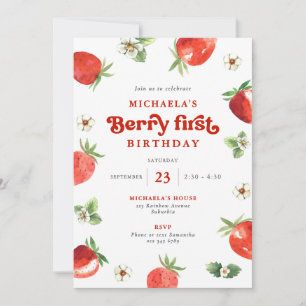 Berry First Birthday Watercolor Strawberries Invitation