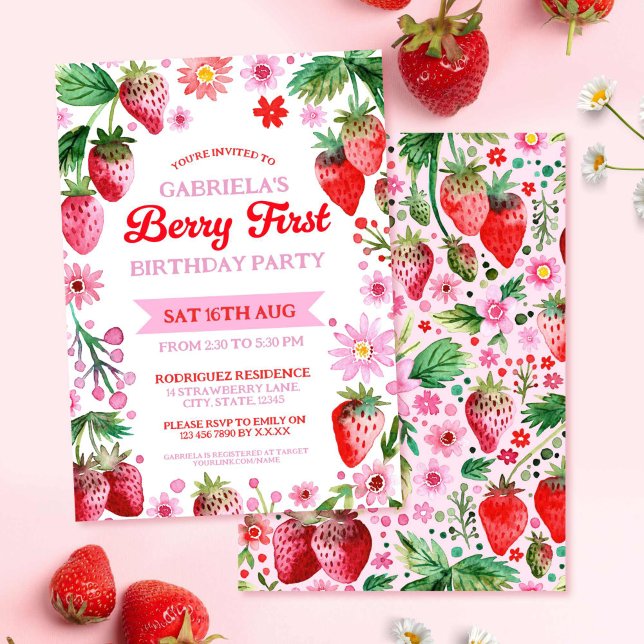 Berry First Birthday Watercolor Strawberries  Invitation (Berry First Birthday Watercolor Strawberries Invitation)