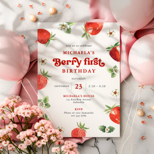 Berry First Birthday Watercolor Strawberries Invitation