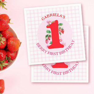 Berry First Birthday Watercolor Strawberries Napkin