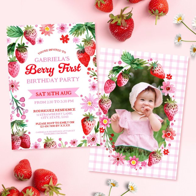 Berry First Birthday Watercolor Strawberries Photo Invitation (Berry First Birthday Watercolor Strawberries Photo Invitation)