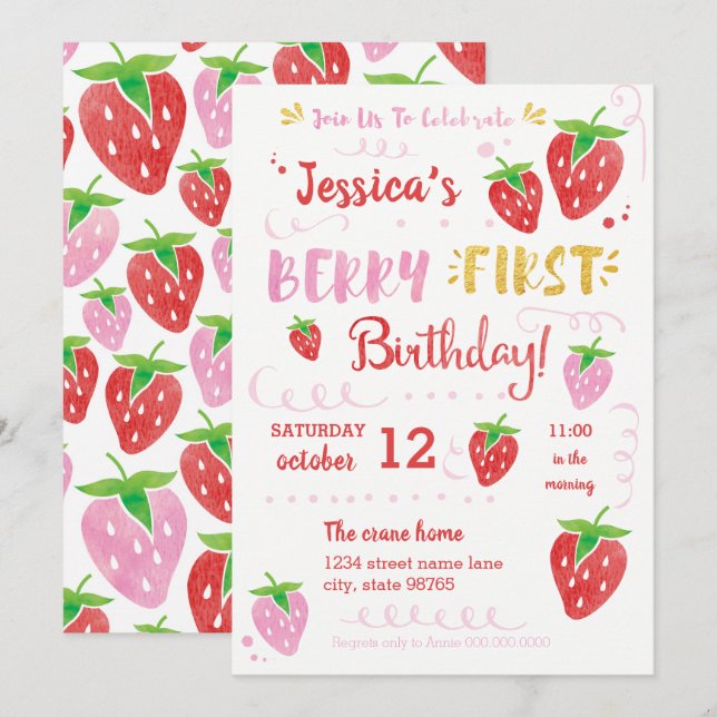 Berry First Birthday Watercolor Strawberry Party Invitation (Front/Back)