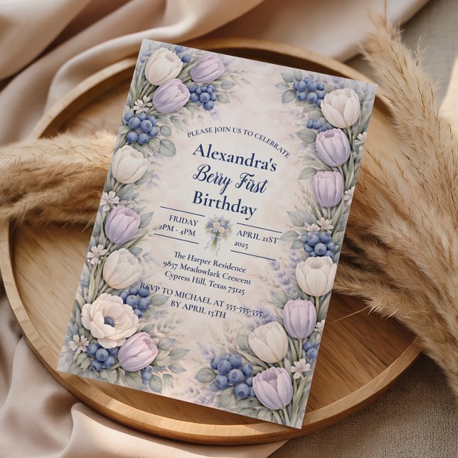 Berry First Blue Floral Garden 1st Birthday Invitation (Creator Uploaded)