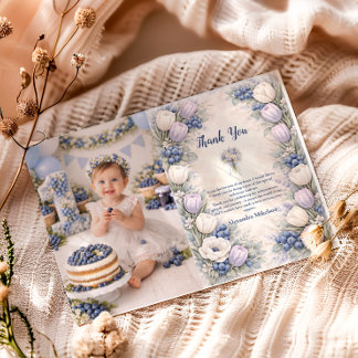 Berry First Blue Floral Garden 1st Birthday Thank You Card