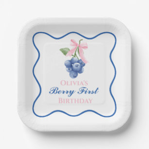 Berry first blueberry birthday Pink Bow Coquette Paper Plate
