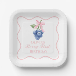 Berry first blueberry birthday Pink Bow Coquette Paper Plate