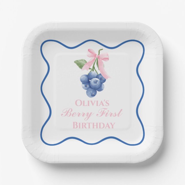 Berry first blueberry birthday Pink Bow Coquette Paper Plate (Front)