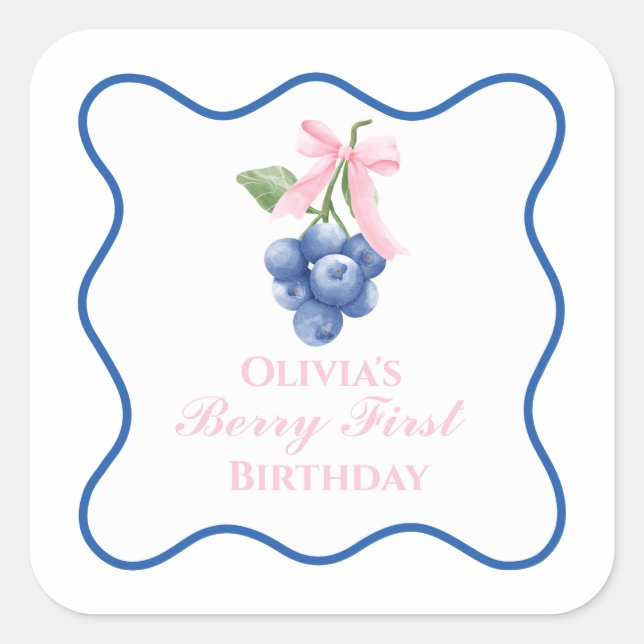 Berry first blueberry birthday Pink Bow Coquette Square Sticker (Front)