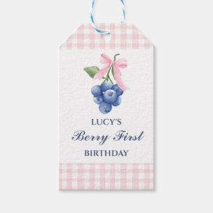 Berry First blueberry birthday Pink Bow Gingham Gift Tags