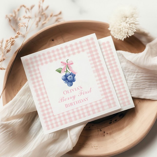 Berry First blueberry birthday Pink Bow Gingham Napkin (Creator Uploaded)
