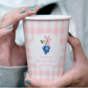 Berry First Blueberry birthday Pink Bow Gingham Paper Cups