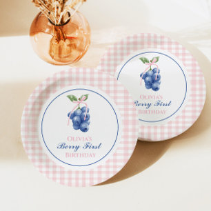 Berry First blueberry birthday Pink Bow Gingham Paper Plate