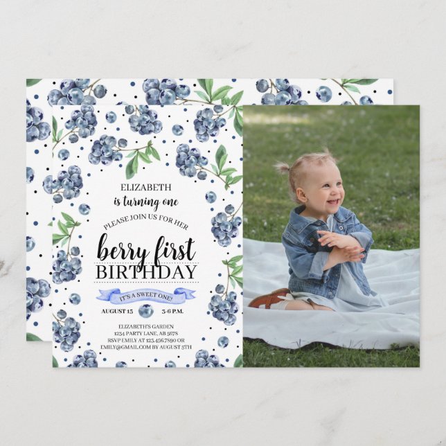 Berry First Blueberry Photo Invitation (Front/Back)