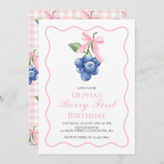 Berry First Blueberry Pink Bow Coquette birthday Invitation (Front/Back)