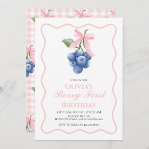 Berry First Blueberry Pink Bow Coquette birthday Invitation