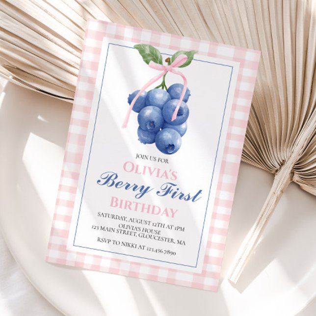 Berry First Blueberry Pink Bow Coquette birthday Invitation (Creator Uploaded)