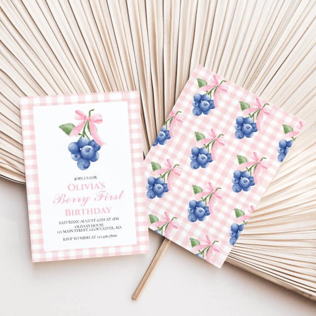 Berry First Blueberry Pink Bow Coquette birthday Invitation (Creator Uploaded)